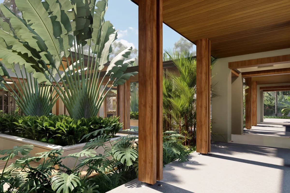 Architectural visualization of Selva’s interior garden and covered opening at Sueños del Mar.